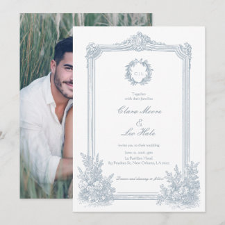 Elegant Dusty Blue Floral Border Wedding Photo Inbjudningar