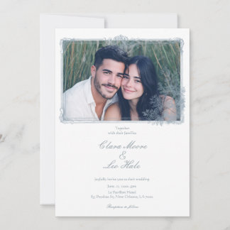 Elegant Dusty Blue Floral Border Wedding Photo Inbjudningar