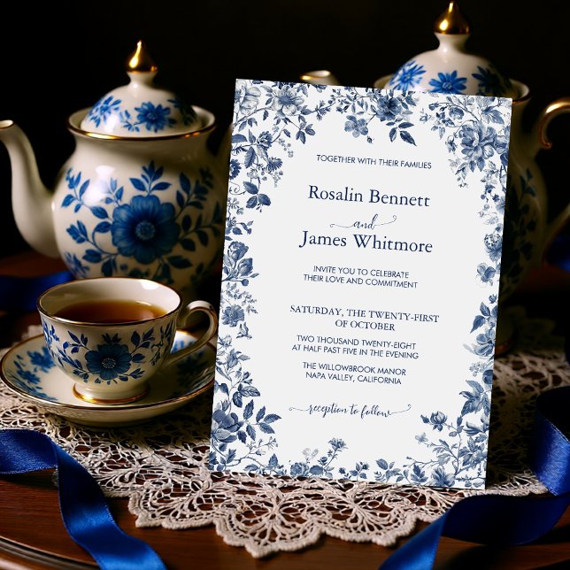 Elegant Dusty Blue Floral Chinoiserie Classic Inbjudningar (Elegant Dusty Blue Floral Chinoiserie Classic Invitation)