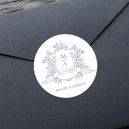 Elegant Dusty Blue Floral Crest Monograms Wedding Runt Klistermärke