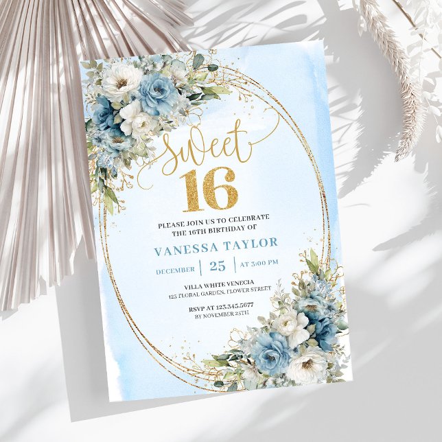 Elegant Dusty Blue Floral Eucalyptus Sweet Sixteen Inbjudningar (Elegant Dusty Blue Floral Eucalyptus Sweet Sixteen Invite)