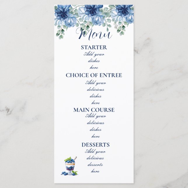 Elegant Dusty Blue Floral Eucalyptus Wedding Meny (Framsida)