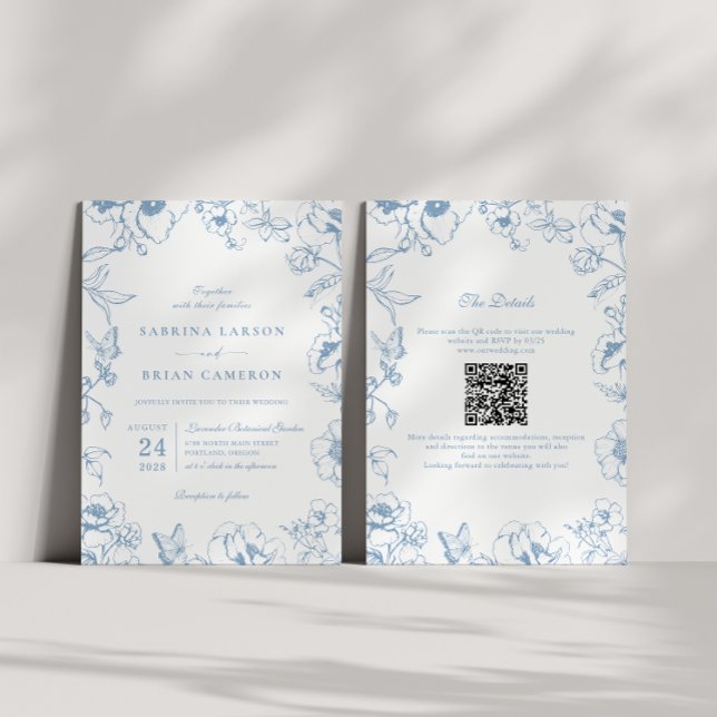Elegant Dusty Blue Floral Garden QR Code Wedding Inbjudningar (Skapare uppladdad)
