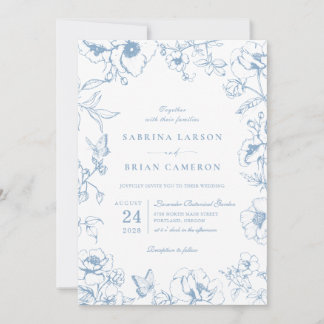 Elegant Dusty Blue Floral Garden Wedding Photo Inbjudningar