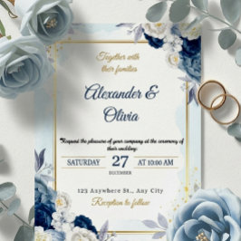 Elegant Dusty Blue Floral Gold Frame Wedding Inbjudningar
