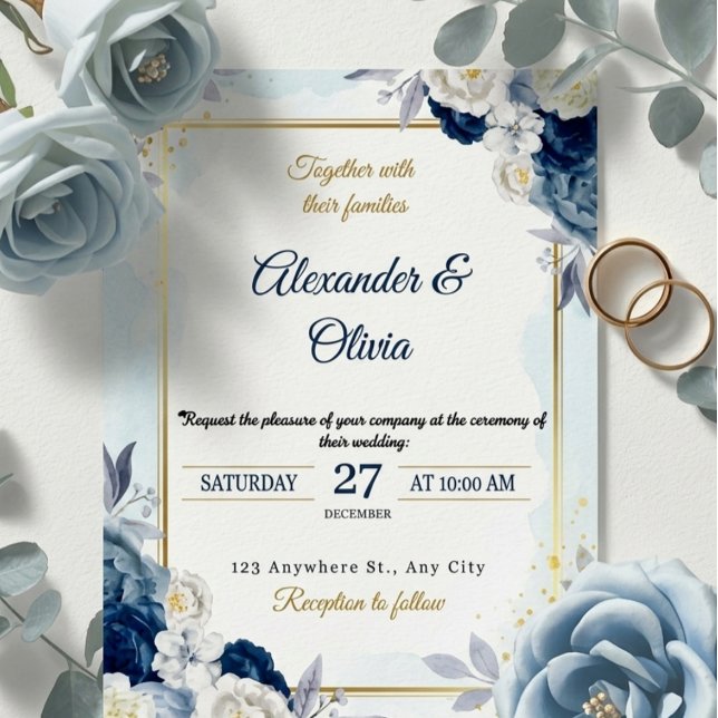 Elegant Dusty Blue Floral Gold Frame Wedding  Inbjudningar (Skapare uppladdad)