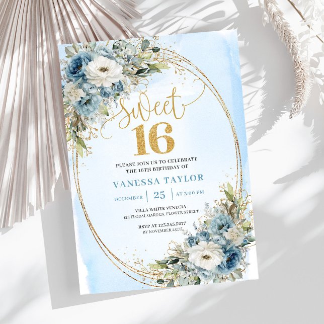 Elegant Dusty Blue Floral Gold Sweet Sixteen 16th Inbjudningar (Elegant Dusty Blue Floral Gold Sweet Sixteen Invitation)