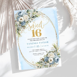 Elegant Dusty Blue Floral Greenery Sweet Sixteen  Inbjudningar