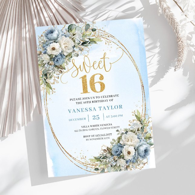 Elegant Dusty Blue Floral Greenery Sweet Sixteen  Inbjudningar (Elegant Dusty Blue Floral Greenery Sweet Sixteen Invite)