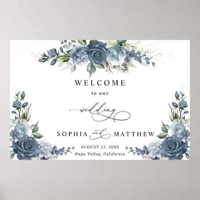 Elegant Dusty Blue Floral Horizontal Wedding Poster (Framsidan)
