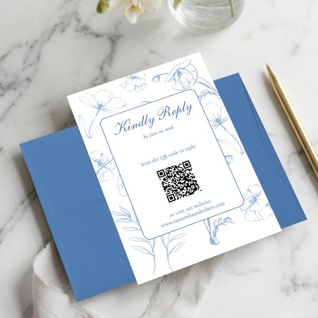 Elegant Dusty Blue Floral Line Art QR Code Wedding OSA Kort (Elegant blue floral QR code RSVP. Scan to reply! Customize for your wedding.)