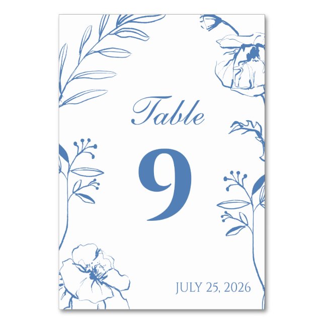Elegant Dusty Blue Floral Line Art Wedding Bordsnummer (Framsidan)