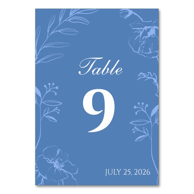 Elegant Dusty Blue Floral Line Art Wedding Bordsnummer (Framsidan)