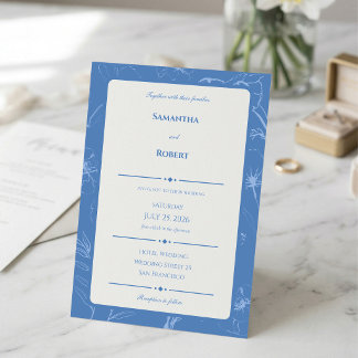 Elegant Dusty Blue Floral Line Art Wedding Inbjudningar