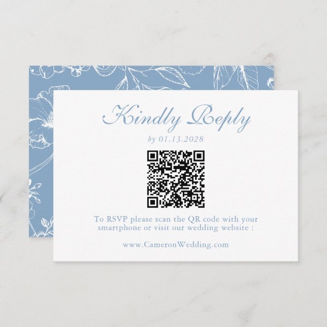 Elegant Dusty Blue Floral QR Code Wedding RSVP  OSA Kort (Fram/baksida)