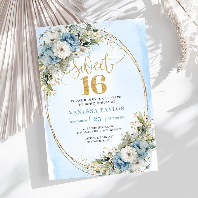 Elegant Dusty Blue Floral Sweet Sixteen Party   Inbjudningar (Elegant Dusty Blue Floral Sweet Sixteen Party Invitation

)
