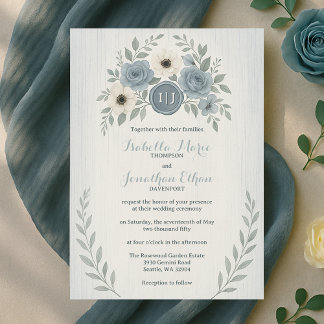 Elegant Dusty Blue Floral Wax Seal Wedding Inbjudningar