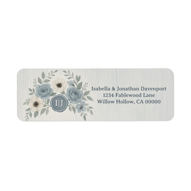 Elegant Dusty Blue Floral Wax Seal Wedding Returadress Etikett (Framsidan)