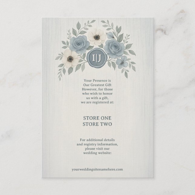 Elegant Dusty Blue Floral Wax Seal Wedding Tilläggskort (Framsida)