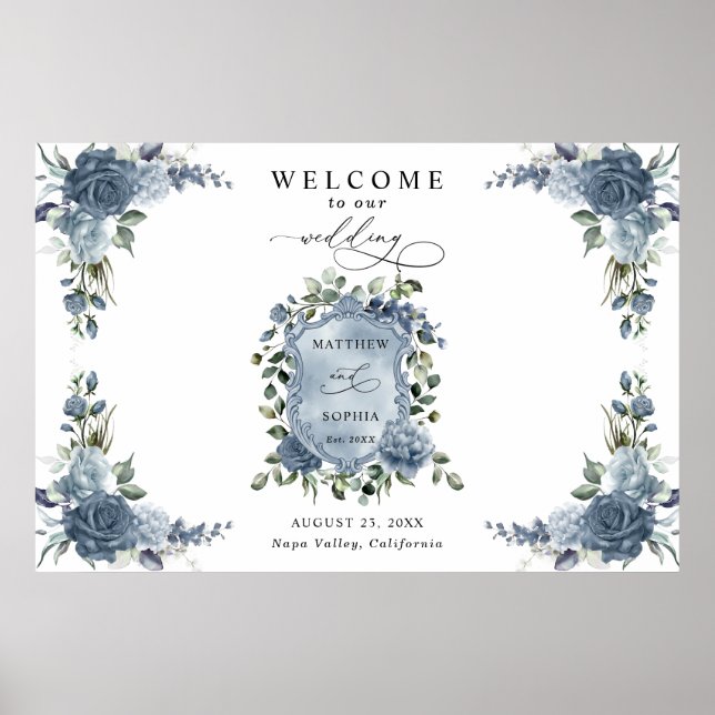 Elegant Dusty Blue Floral Wedding Crest Poster (Framsidan)