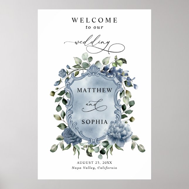 Elegant Dusty Blue Floral Wedding Crest Poster (Framsidan)