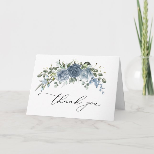 Elegant Dusty Blue Floral Wedding Folded Tack Kort (Framsida)