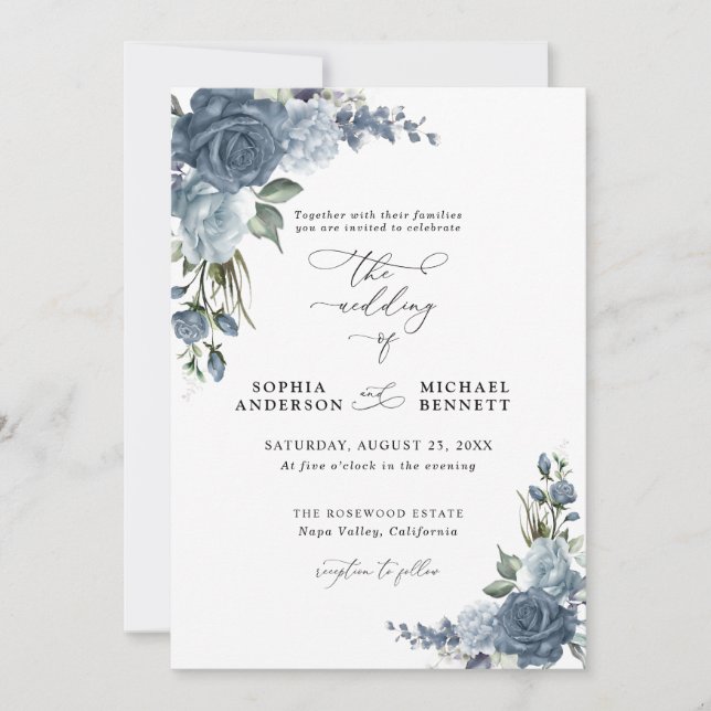 Elegant Dusty Blue Floral Wedding Invitation Inbjudningar (Framsida)