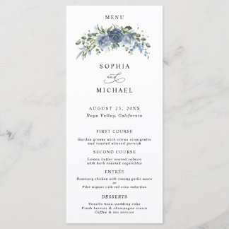 Elegant Dusty Blue Floral Wedding Menu Meny