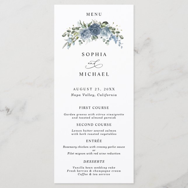 Elegant Dusty Blue Floral Wedding Menu Meny (Framsida)