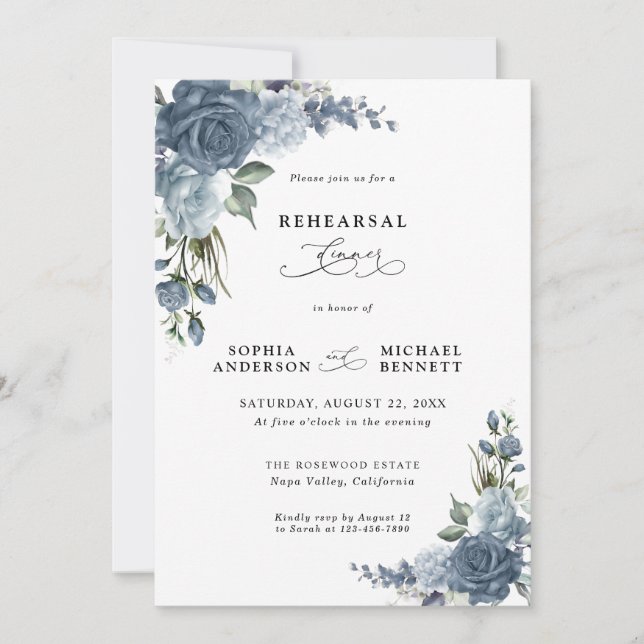 Elegant Dusty Blue Floral Wedding Rehearsal Dinner Inbjudningar (Framsida)