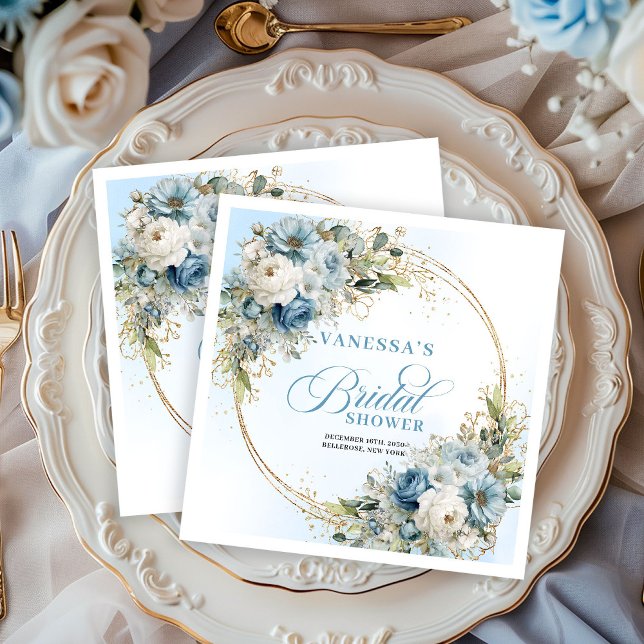 Elegant dusty blue florals eucalyptus gold party  pappersservett (Elegant dusty blue florals eucalyptus gold party napkins

)