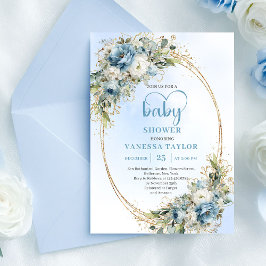 Elegant Dusty Blue Flowers Gold Baby Shower Invite Inbjudningar