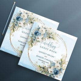 Elegant Dusty Blue Flowers Gold Wedding Guest Book Gästböcker