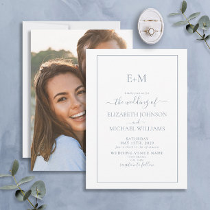 Elegant Dusty Blue Forme Monogram Photo Bröllop Inbjudningar
