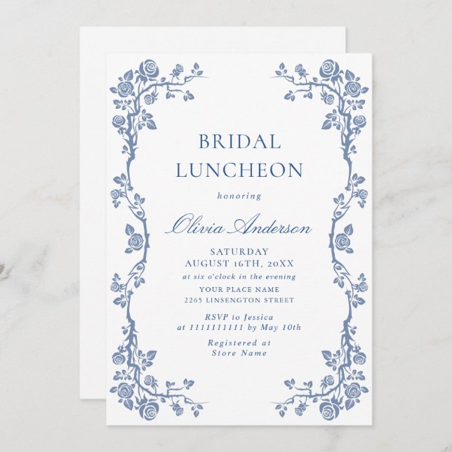 Elegant Dusty Blue Fransk Garden MÖHIPPA LUNCHEON Inbjudningar (Fram/baksida)