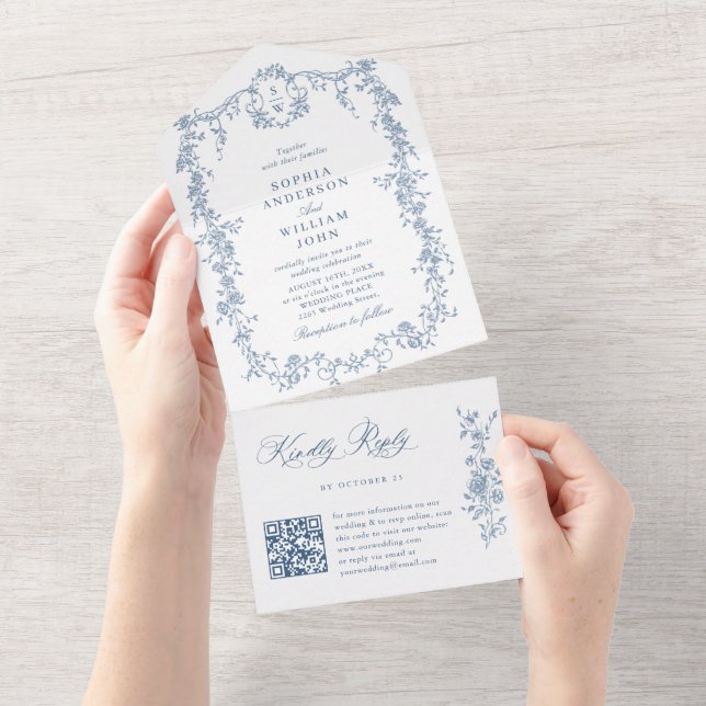 Elegant Dusty Blue Fransk Garden QR-kod Bröllop (Tearaway)