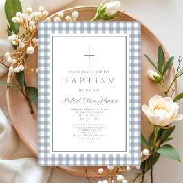Elegant Dusty Blue Gingham Boy Baptism Inbjudningar