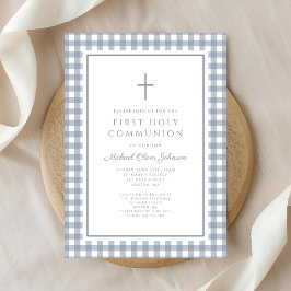 Elegant Dusty Blue Gingham Boy First Communion Inbjudningar