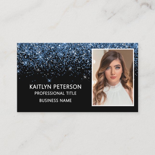 Elegant Dusty Blue Glitter Photo QR Code  Visitkort (Framsida)