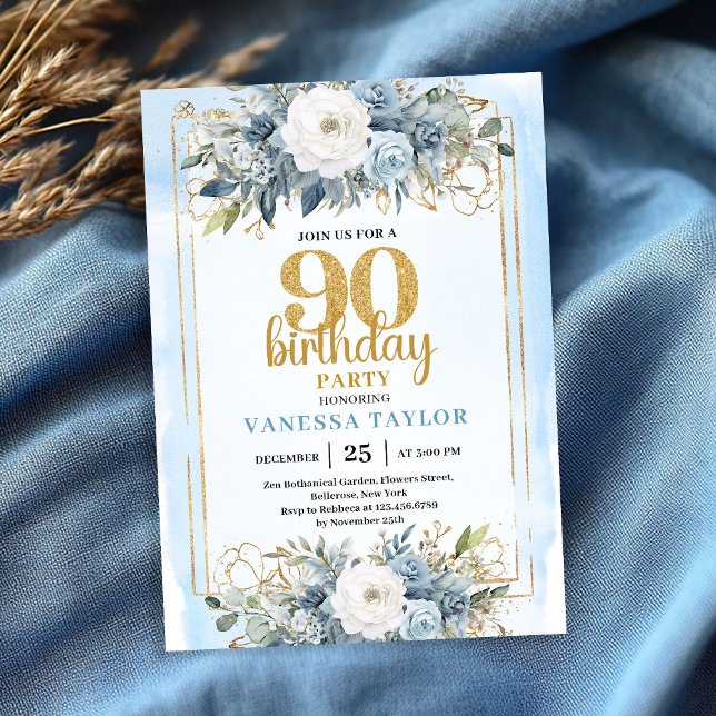Elegant Dusty Blue Gold 90th Birthday Party Invite Inbjudningar (Elegant Dusty Blue Gold 90th Birthday Party Invite)