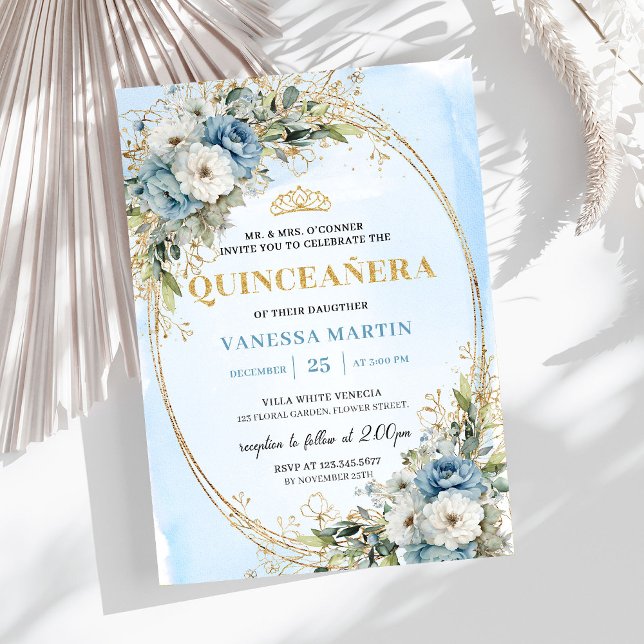 Elegant Dusty Blue Gold Greenery Quinceañera  Inbjudningar (Elegant Dusty Blue Gold Greenery Quinceañera Invite)