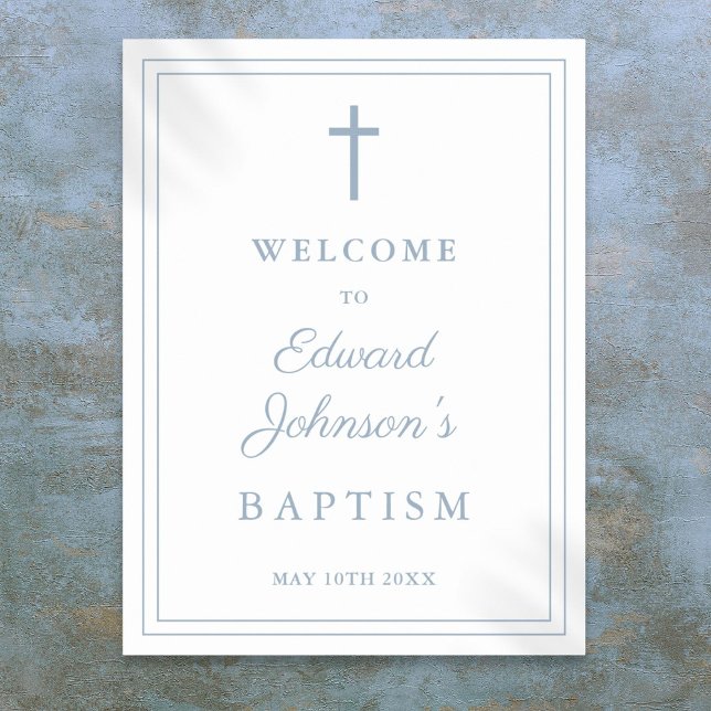 Elegant Dusty Blue Gräns Baptism Välkomsttecken Poster (Elegant Dusty Blue Border Baptism Welcome Sign)