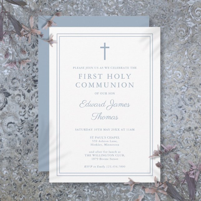Elegant Dusty Blue Gräns First Heliga Communion Inbjudningar (Elegant Dusty Blue Border First Holy Communion Invitation)