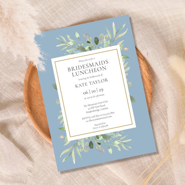 Elegant Dusty Blue Greenery Bridesmaids Luncheon Inbjudningar (Skapare uppladdad)