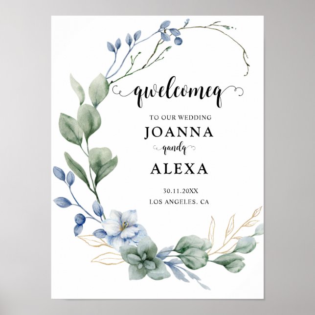 Elegant Dusty Blue Greenery Bröllop Supplies Poster (Framsidan)