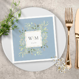 Elegant Dusty Blue Greenery Guld Monogram Pappersservett