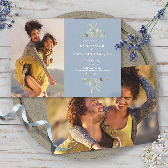 Elegant Dusty Blue Greenery Photos Bröllop Inbjudningar (Elegant Dusty Blue Greenery Photos Wedding Invitation)