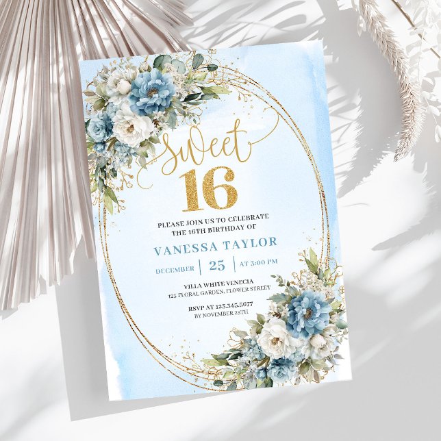 Elegant Dusty Blue Greenery Sweet 16th Birthday  Inbjudningar (Elegant Dusty Blue Greenery Sweet 16th Birthday Invite)