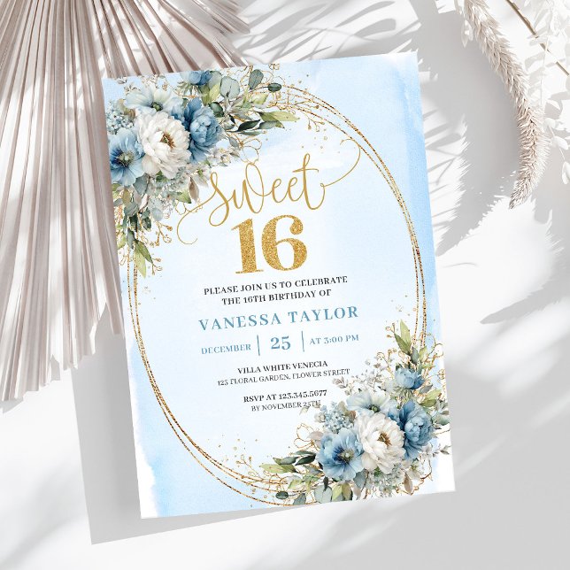 Elegant Dusty Blue Greenery Sweet 16th Birthday  Inbjudningar (Elegant Dusty Blue Greenery Sweet 16th Birthday Invite)