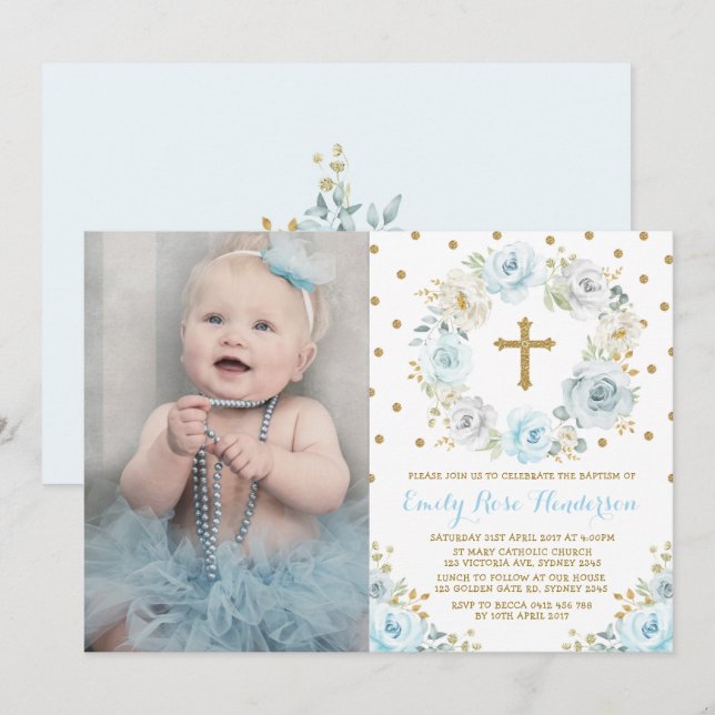 Elegant Dusty Blue Guld Blommigt Baptism Communion Inbjudningar (Fram/baksida)